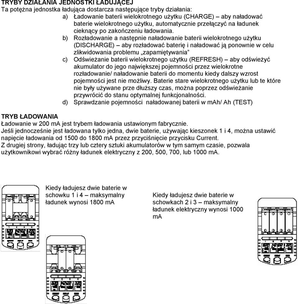 b) Rozładowanie a następnie naładowanie baterii wielokrotnego użytku (DISCHARGE) aby rozładować baterię i naładować ją ponownie w celu zlikwidowania problemu zapamiętywania c) Odświeżanie baterii