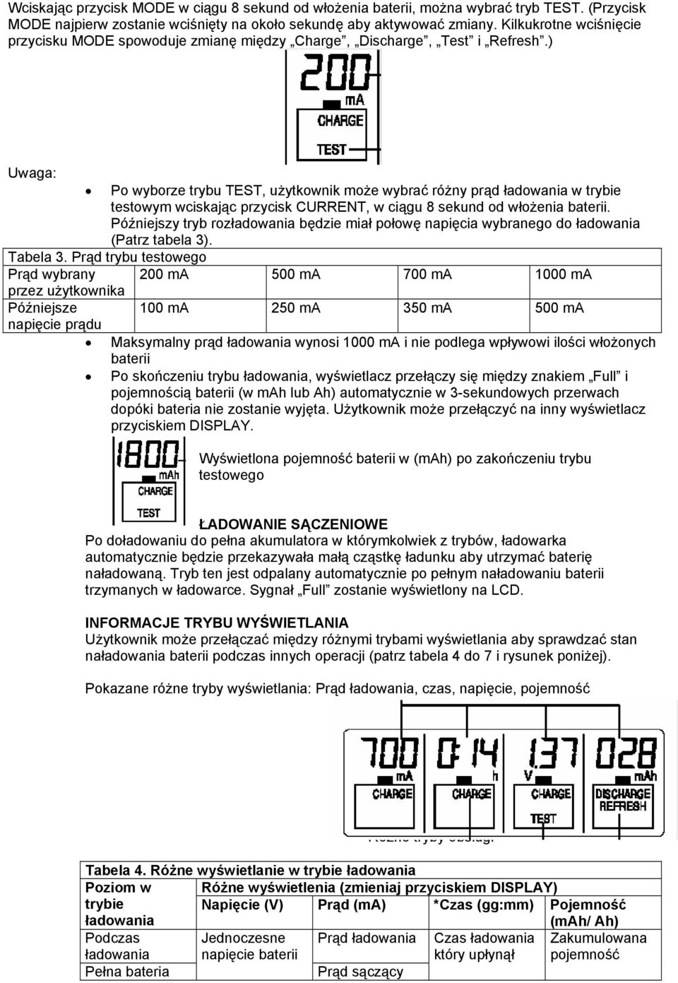 ) Po wyborze trybu TEST, użytkownik może wybrać różny prąd w trybie testowym wciskając przycisk CURRENT, w ciągu 8 sekund od włożenia baterii.