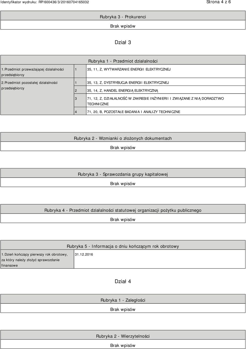 DZIAŁALNOŚĆ W ZAKRESIE INŻYRII I ZWIĄZANE Z NIĄ DORADZTWO TECHNICZNE 4 71, 20, B, POZOSTAŁE BADANIA I ANALIZY TECHNICZNE Rubryka 2 - Wzmianki o złożonych dokumentach Rubryka 3 - Sprawozdania grupy