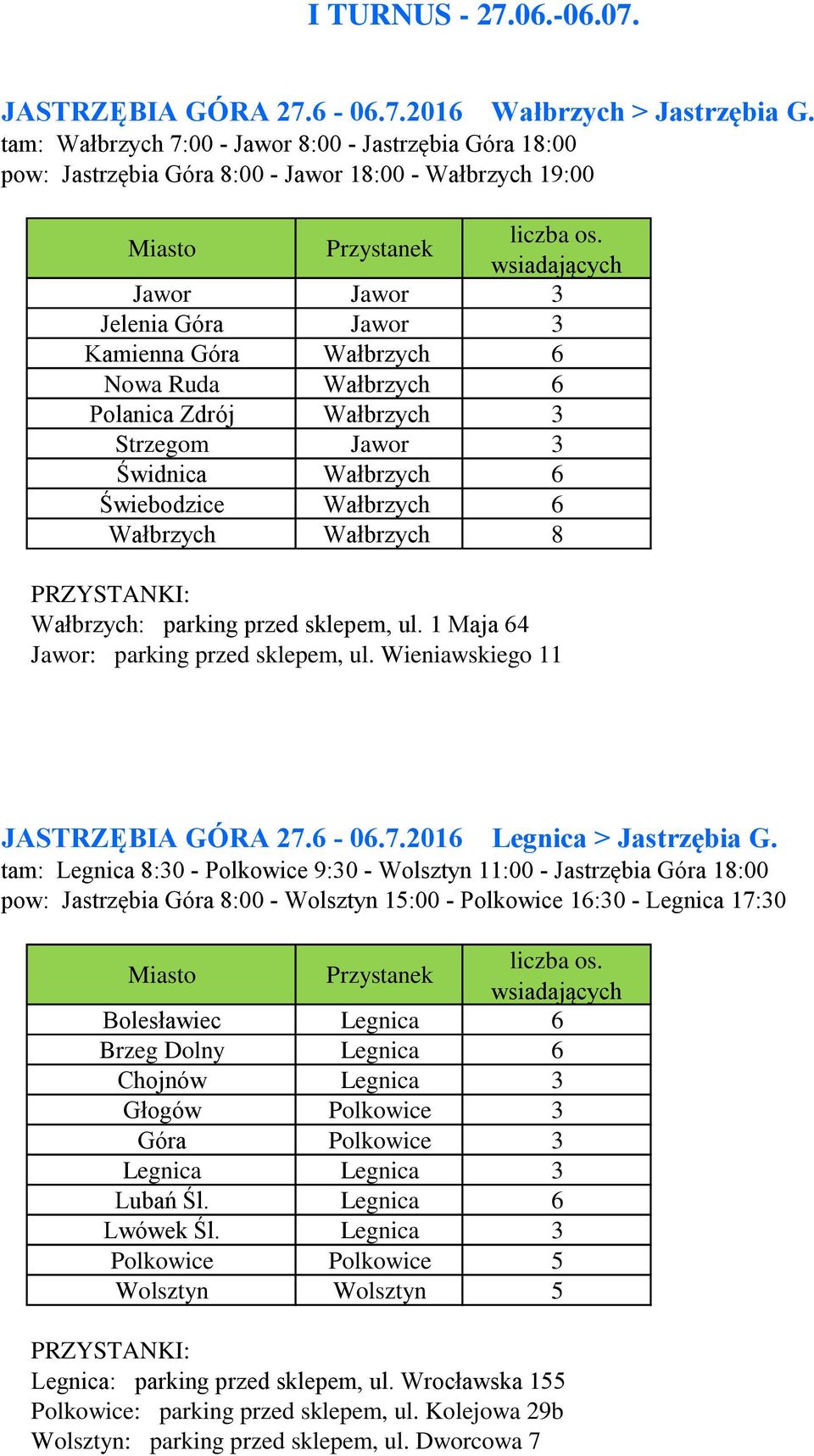 Polanica Zdrój Wałbrzych 3 Strzegom Jawor 3 Świdnica Wałbrzych 6 Świebodzice Wałbrzych 6 Wałbrzych Wałbrzych 8 Wałbrzych: parking przed sklepem, ul. 1 Maja 64 Jawor: parking przed sklepem, ul.