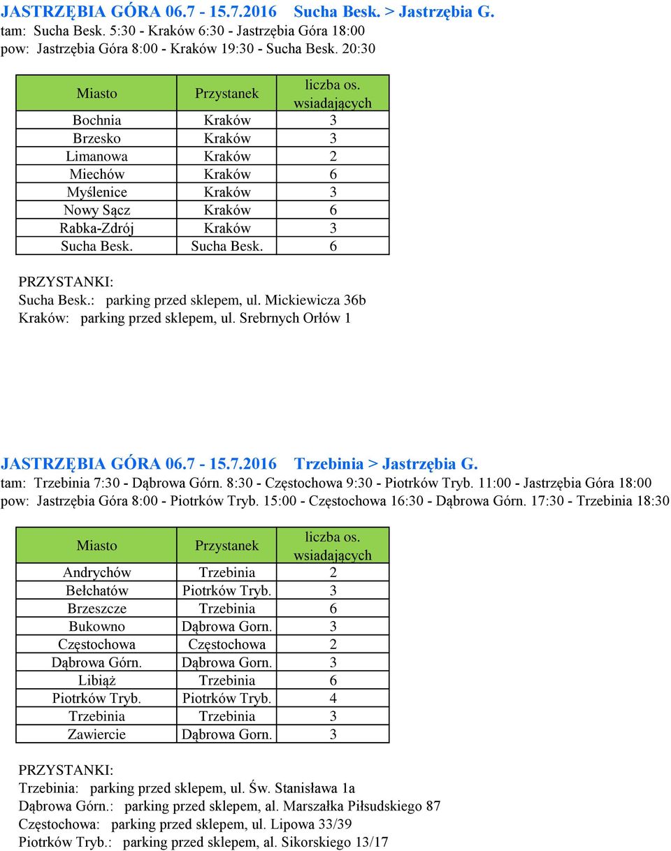Mickiewicza 36b Kraków: parking przed sklepem, ul. Srebrnych Orłów 1 JASTRZĘBIA GÓRA 06.7-15.7.2016 Trzebinia > Jastrzębia G. tam: Trzebinia 7:30 - Dąbrowa Górn.