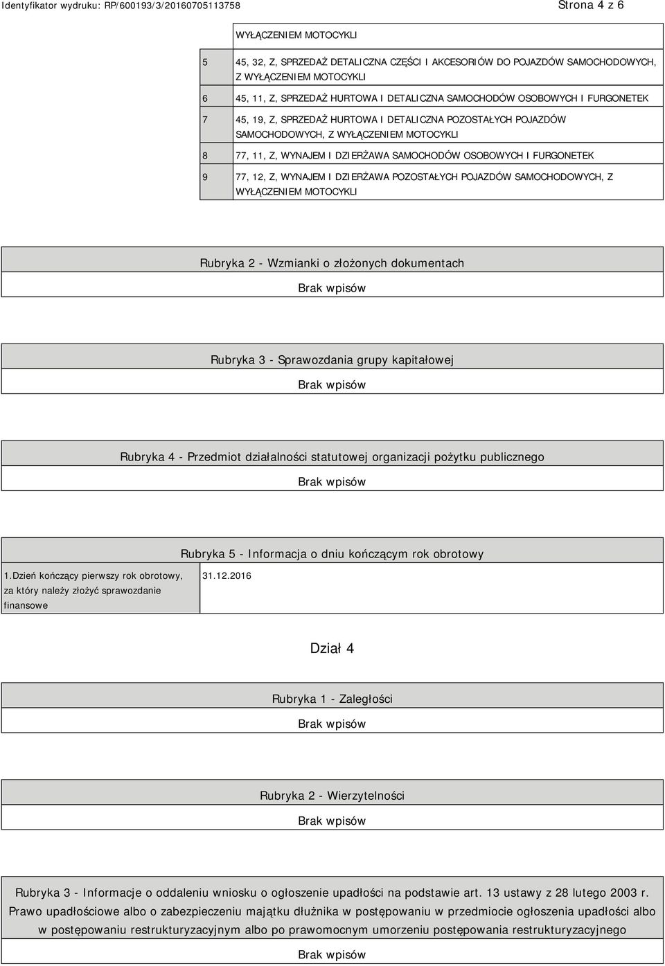 I DZIERŻAWA POZOSTAŁYCH POJAZDÓW SAMOCHODOWYCH, Z WYŁĄCZEM MOTOCYKLI Rubryka 2 - Wzmianki o złożonych dokumentach Rubryka 3 - Sprawozdania grupy kapitałowej Rubryka 4 - Przedmiot działalności