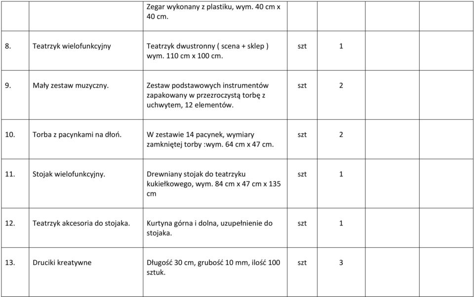 W zestawie 14 pacynek, wymiary zamkniętej torby :wym. 64 cm x 47 cm. 11. Stojak wielofunkcyjny. Drewniany stojak do teatrzyku kukiełkowego, wym.