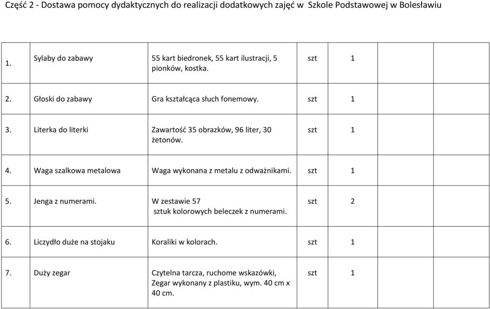 Literka do literki Zawartość 35 obrazków, 96 liter, 30 żetonów. 4. Waga szalkowa metalowa Waga wykonana z metalu z odważnikami. 5.