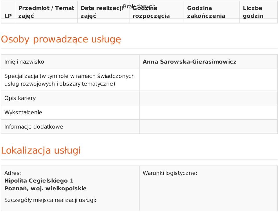 rozwojowych i obszary tematyczne) Opis kariery Wykształcenie Informacje dodatkowe Lokalizacja usługi