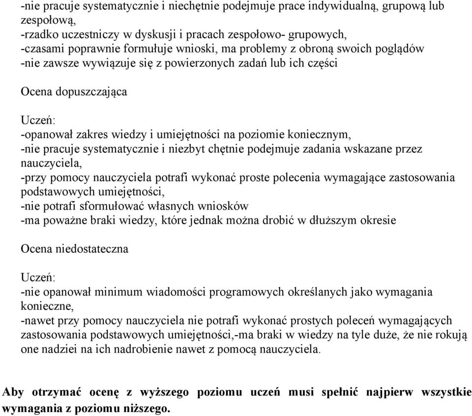 systematycznie i niezbyt chętnie podejmuje zadania wskazane przez nauczyciela, -przy pomocy nauczyciela potrafi wykonać proste polecenia wymagające zastosowania podstawowych umiejętności, -nie