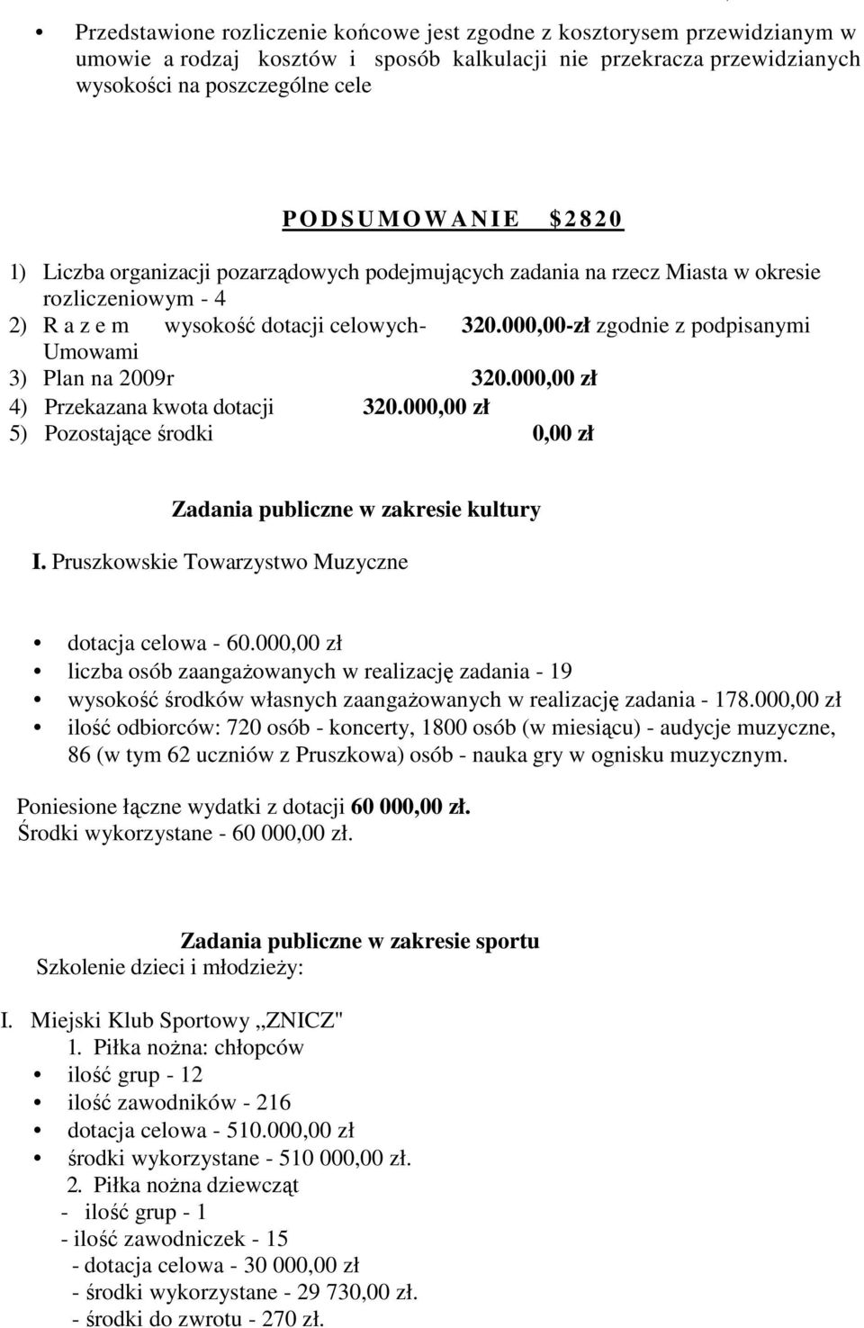 Pruszkowskie Towarzystwo Muzyczne dotacja celowa - 60.000,00 zł liczba osób zaangaŝowanych w realizację zadania - 19 wysokość środków własnych zaangaŝowanych w realizację zadania - 178.