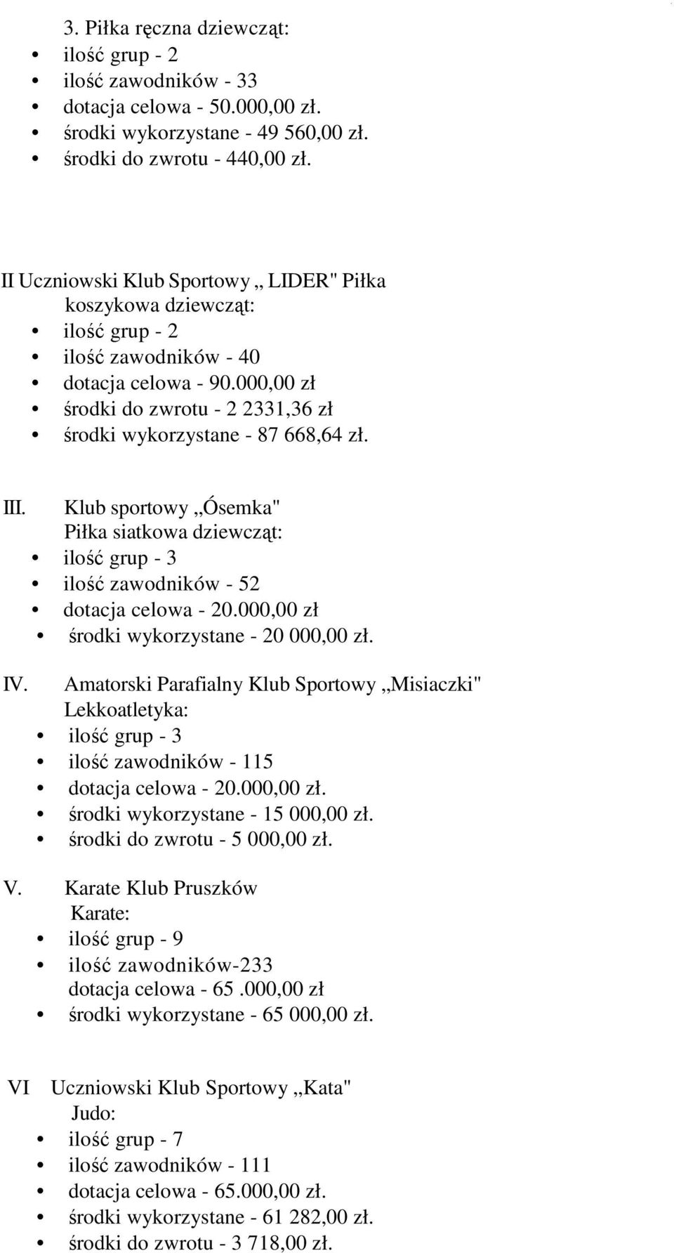 III. IV. Klub sportowy Ósemka" Piłka siatkowa dziewcząt: ilość grup - 3 ilość zawodników - 52 dotacja celowa - 20.000,00 zł środki wykorzystane - 20 000,00 zł.