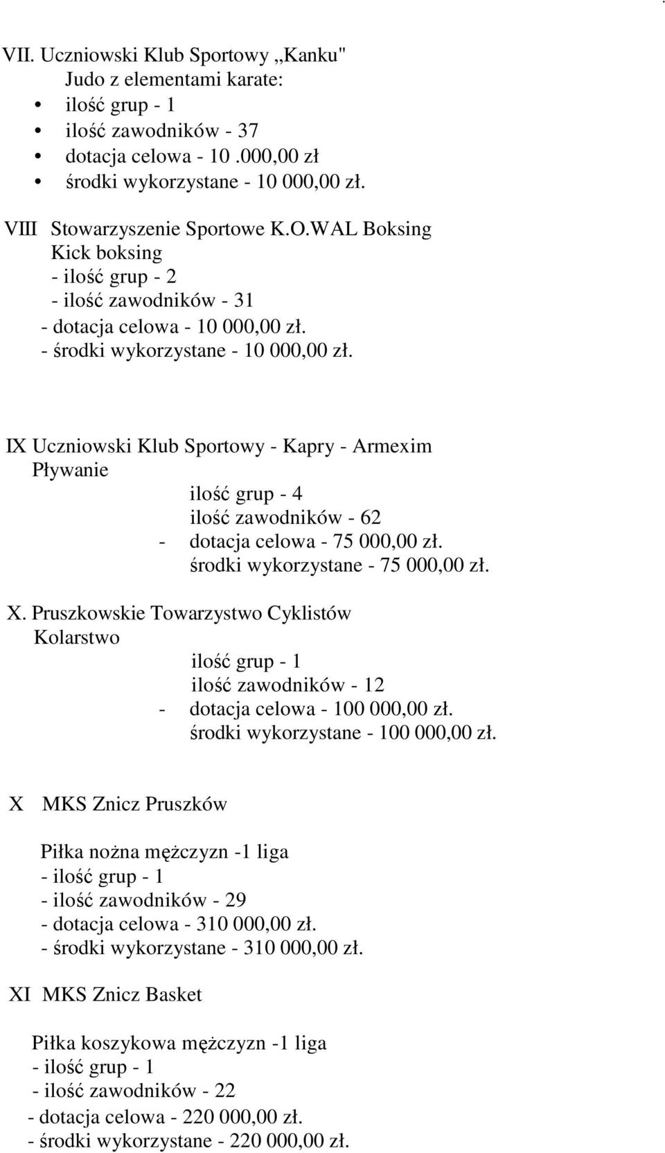 IX Uczniowski Klub Sportowy - Kapry - Armexim Pływanie ilość grup - 4 ilość zawodników - 62 - dotacja celowa - 75 000,00 zł. środki wykorzystane - 75 000,00 zł. X.