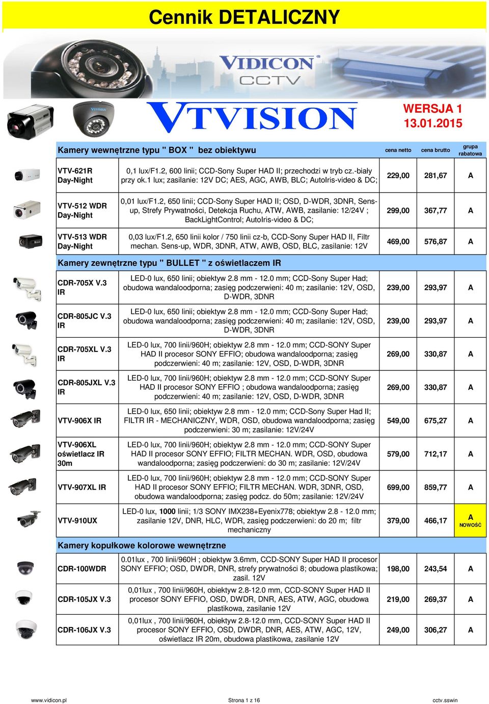 1 lux; zasilanie: 12V D; AES, AG, AWB, BL; AutoIris-video & D; 229,00 281,67 A VTV-512 WDR Day-Night VTV-513 WDR Day-Night 0,01 lux/f1.