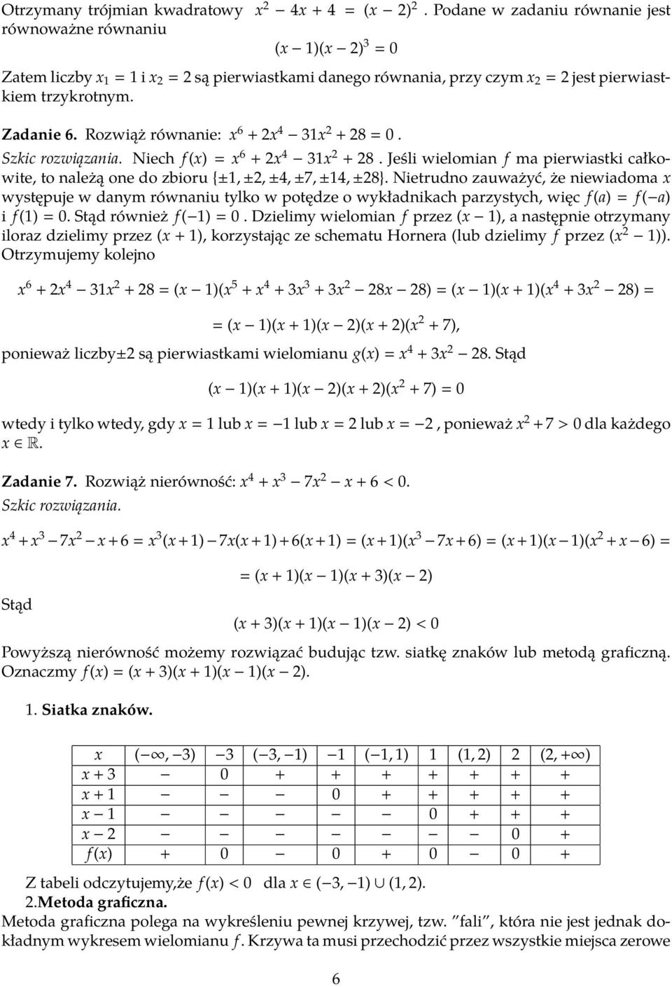 Rozwiąż równanie: x 6 + x 4 31x + 8 = 0. Szkic rozwiązania. Niech f (x) = x 6 + x 4 31x + 8. Jeśli wielomian f ma pierwiastki całkowite, to należą one do zbioru {±1, ±, ±4, ±7, ±14, ±8}.