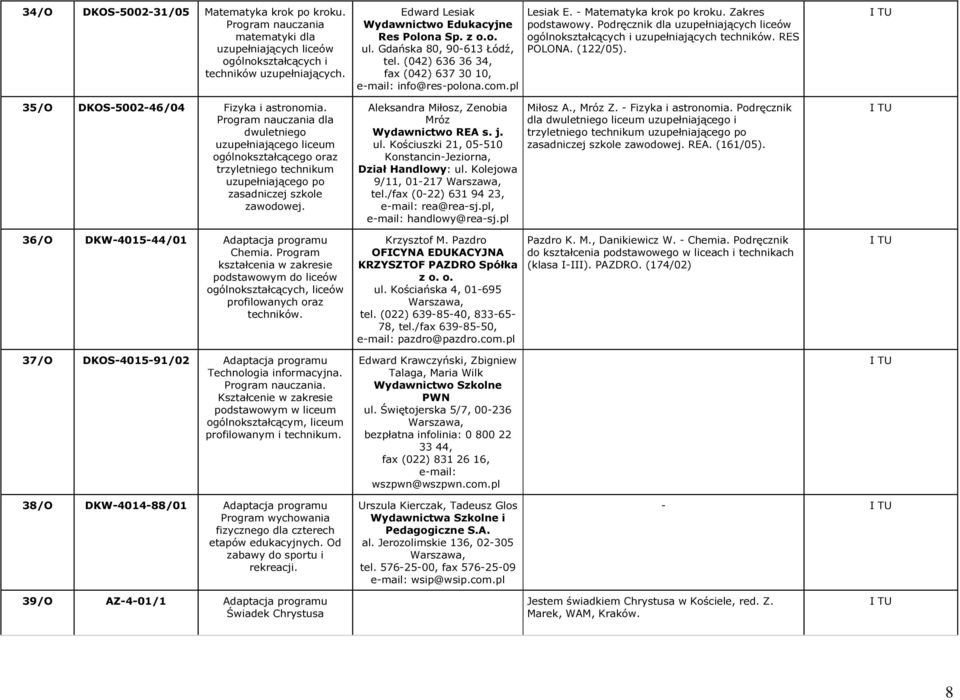 Program kształcenia w zakresie podstawowym do liceów ogólnokształcących, liceów profilowanych oraz techników. 37/O DKOS-4015-91/02 Adaptacja programu Technologia informacyjna. Program nauczania.