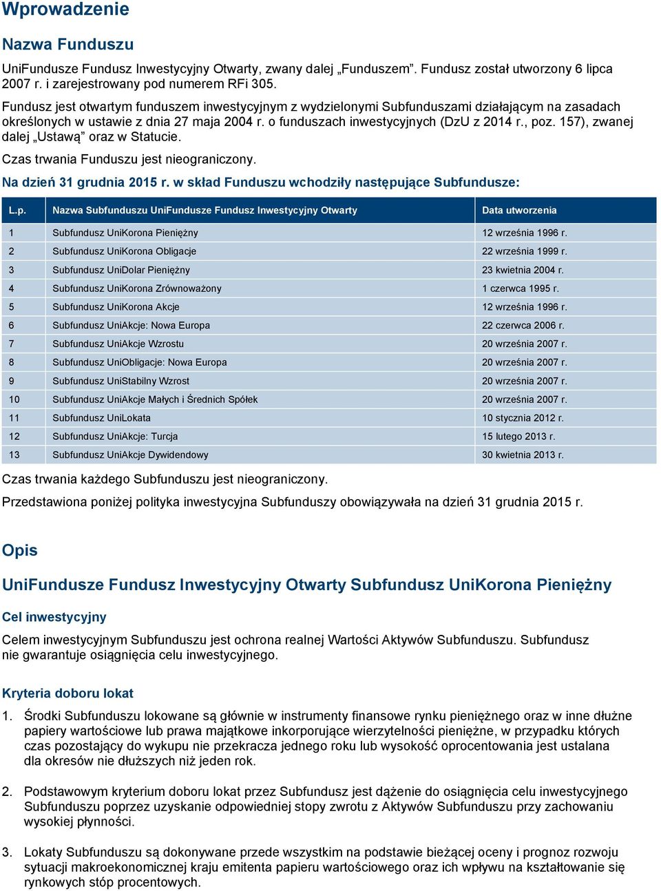 157), zwanej dalej Ustawą oraz w Statucie. Czas trwania Funduszu jest nieograniczony. Na dzień 31 grudnia 2015 r. w skład Funduszu wchodziły następu