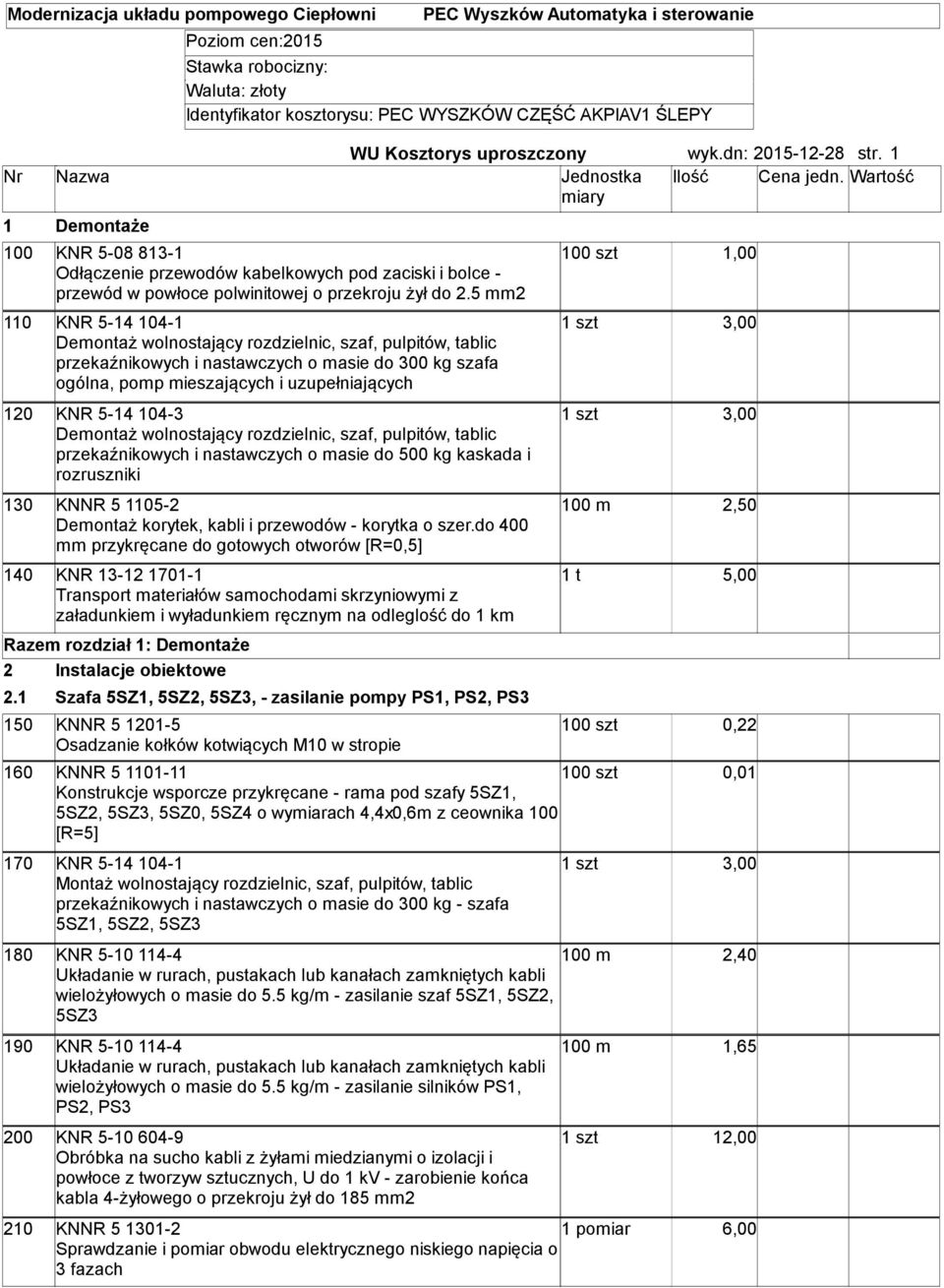 Wartość miary 1 Demontaże 100 KNR 5-08 813-1 Odłączenie przewodów kabelkowych pod zaciski i bolce - przewód w powłoce polwinitowej o przekroju żył do 2.