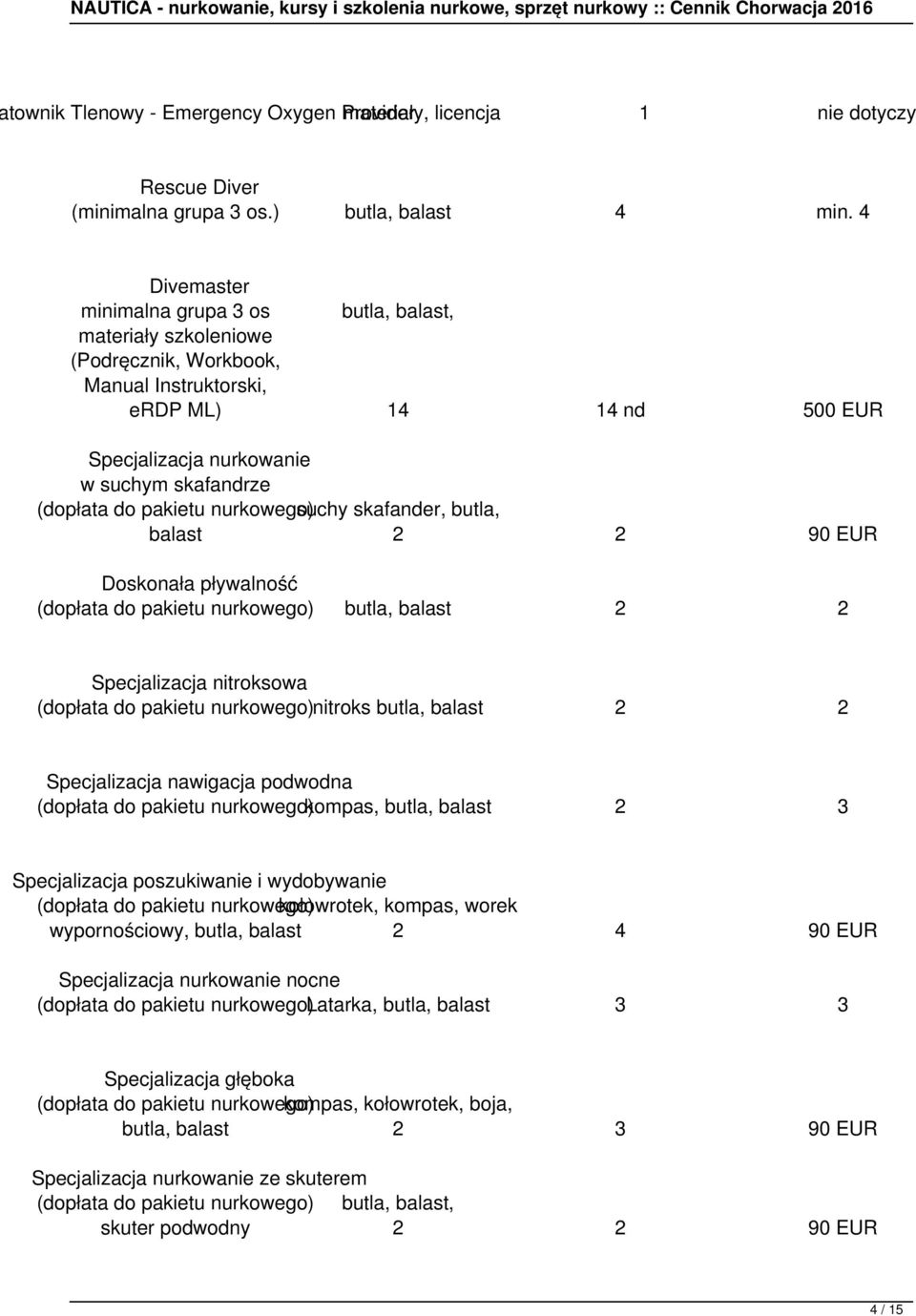 pakietu nurkowego) suchy skafander, butla, balast 2 2 90 EUR Doskonała pływalność (dopłata do pakietu nurkowego) butla, balast 2 2 Specjalizacja nitroksowa (dopłata do pakietu nurkowego)nitroks