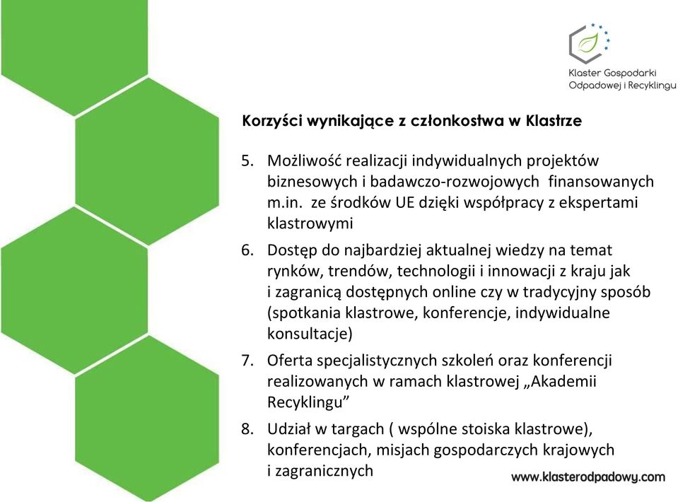 (spotkania klastrowe, konferencje, indywidualne konsultacje) 7.