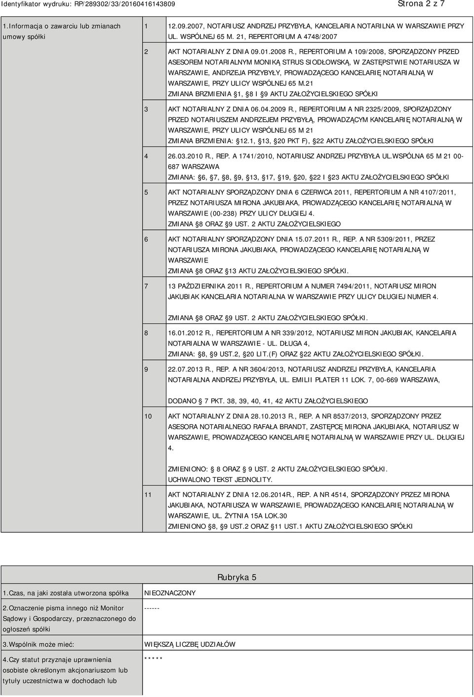 , REPERTORIUM A 109/2008, SPORZĄDZONY PRZED ASESOREM NOTARIALNYM MONIKĄ STRUS SIODŁOWSKĄ, W ZASTĘPSTWIE NOTARIUSZA W WARSZAWIE, ANDRZEJA PRZYBYŁY, PROWADZĄCEGO KANCELARIĘ NOTARIALNĄ W WARSZAWIE, PRZY