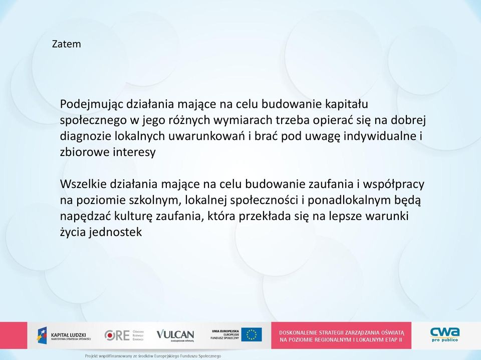 Wszelkie działania mające na celu budowanie zaufania i współpracy na poziomie szkolnym, lokalnej