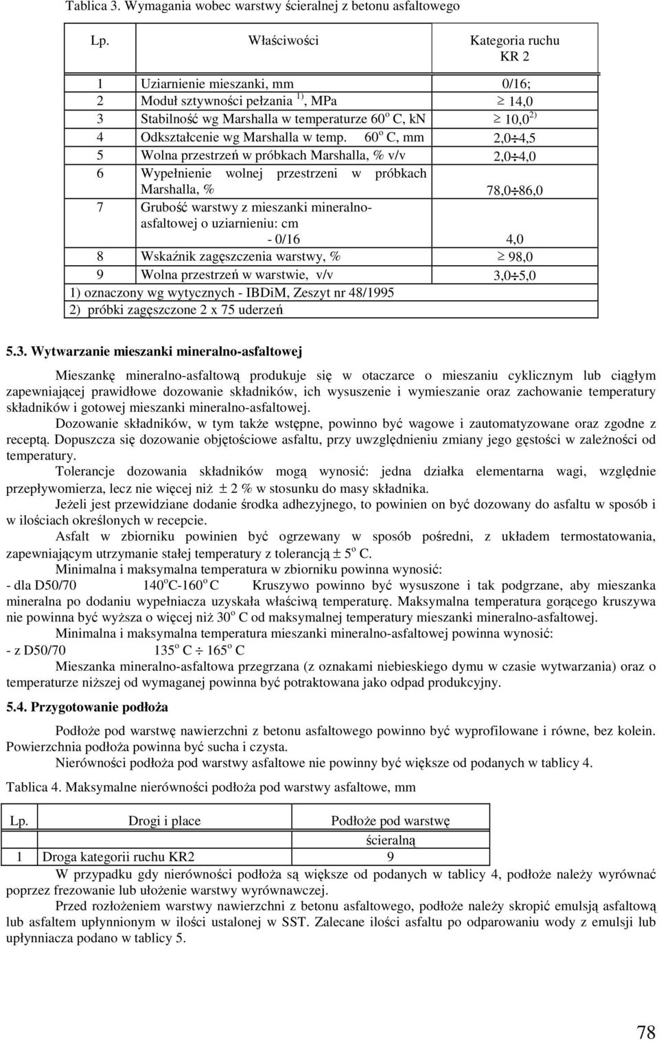 temp. 60 o C, mm 2,0 4,5 5 Wolna przestrzeń w próbkach Marshalla, % v/v 2,0 4,0 6 Wypełnienie wolnej przestrzeni w próbkach Marshalla, % 78,0 86,0 7 Grubość warstwy z mieszanki mineralnoasfaltowej o