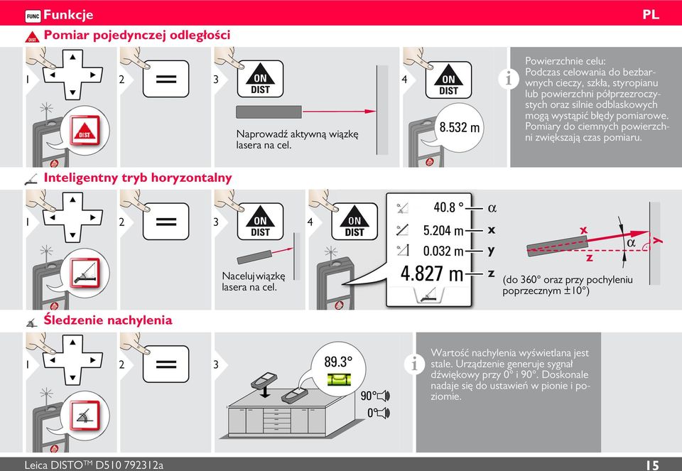 pomarowe. Pomary do cemnych powerzchn zwększają czas pomaru. Intelgentny tryb horyzontalny 1 2 Naceluj wązkę lasera na cel. 4 40.8 5.204 m 0.02 m 4.