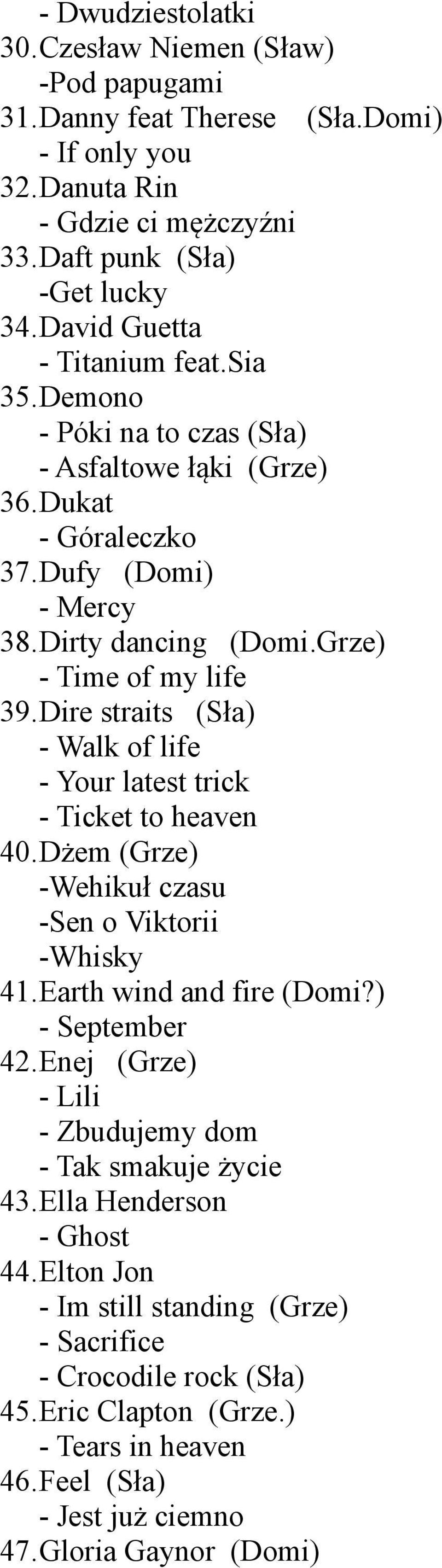 Dire straits (Sła) - Walk of life - Your latest trick - Ticket to heaven 40.Dżem (Grze) -Wehikuł czasu -Sen o Viktorii -Whisky 41.Earth wind and fire (Domi?) - September 42.