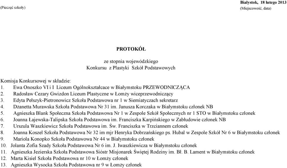 Janusza Korczaka w członek NB 5. Agnieszka Blank Społeczna Nr 1 w Zespole Szkół Społecznych nr 1 STO w członek 6. Joanna Łajewska-Talipska im. Franciszka Karpińskiego w Zabłudowie członek NB 7.