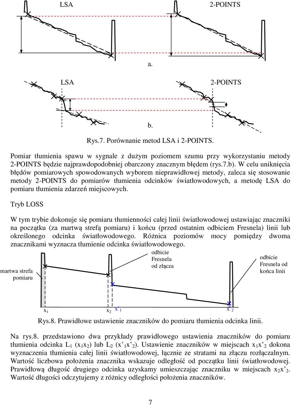 W celu uniknięcia błędów pomiarowych spowodowanych wyborem nieprawidłowej metody, zaleca się stosowanie metody 2-POINTS do pomiarów tłumienia odcinków światłowodowych, a metodę LSA do pomiaru