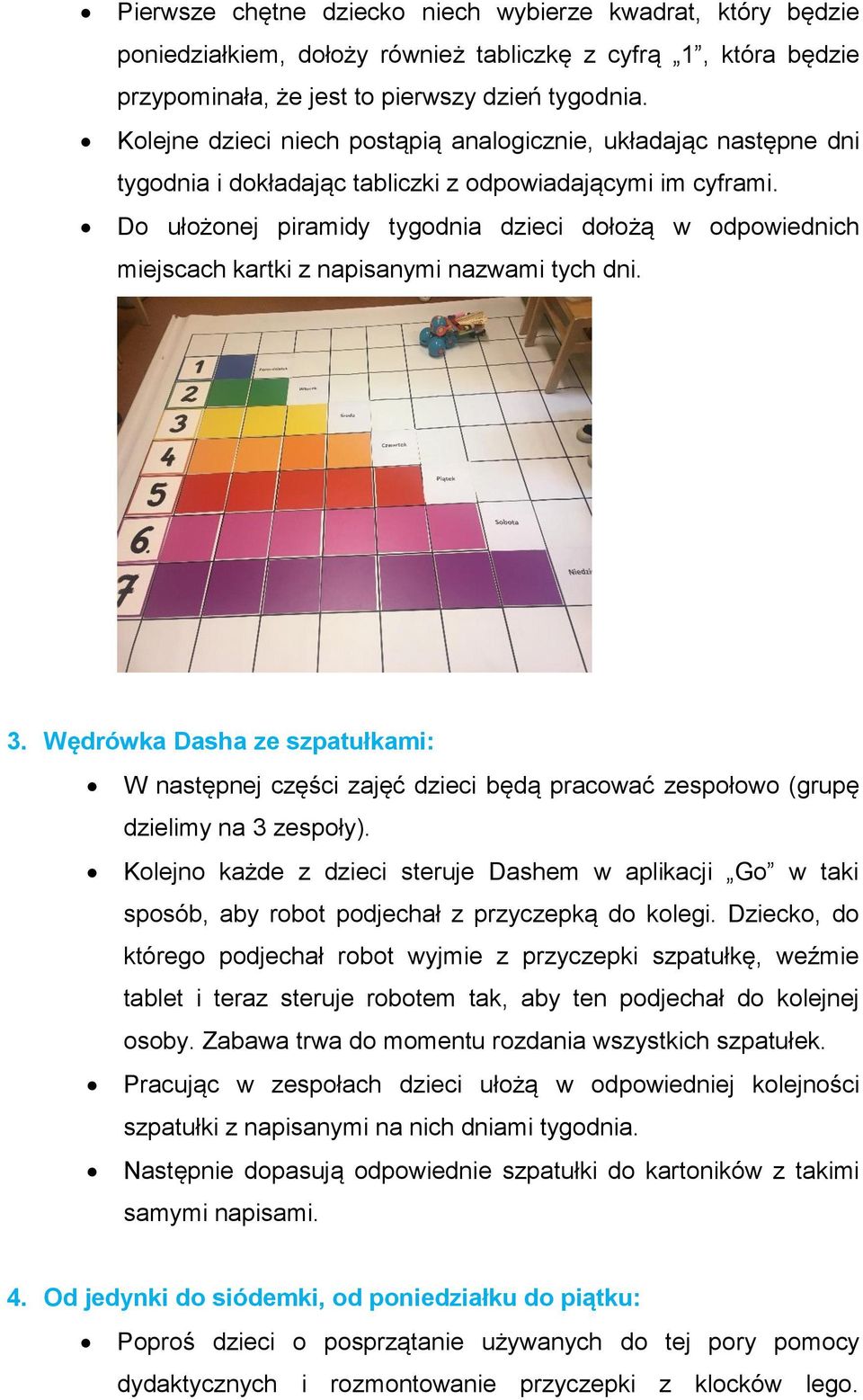 Do ułożonej piramidy tygodnia dzieci dołożą w odpowiednich miejscach kartki z napisanymi nazwami tych dni. 3.