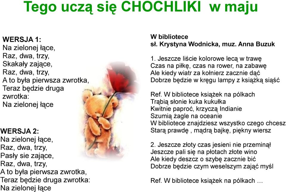 Jeszcze liście kolorowe lecą w trawę Czas na piłkę, czas na rower, na zabawę Ale kiedy wiatr za kołnierz zacznie dąć Dobrze będzie w kręgu lampy z książką siąść Ref.