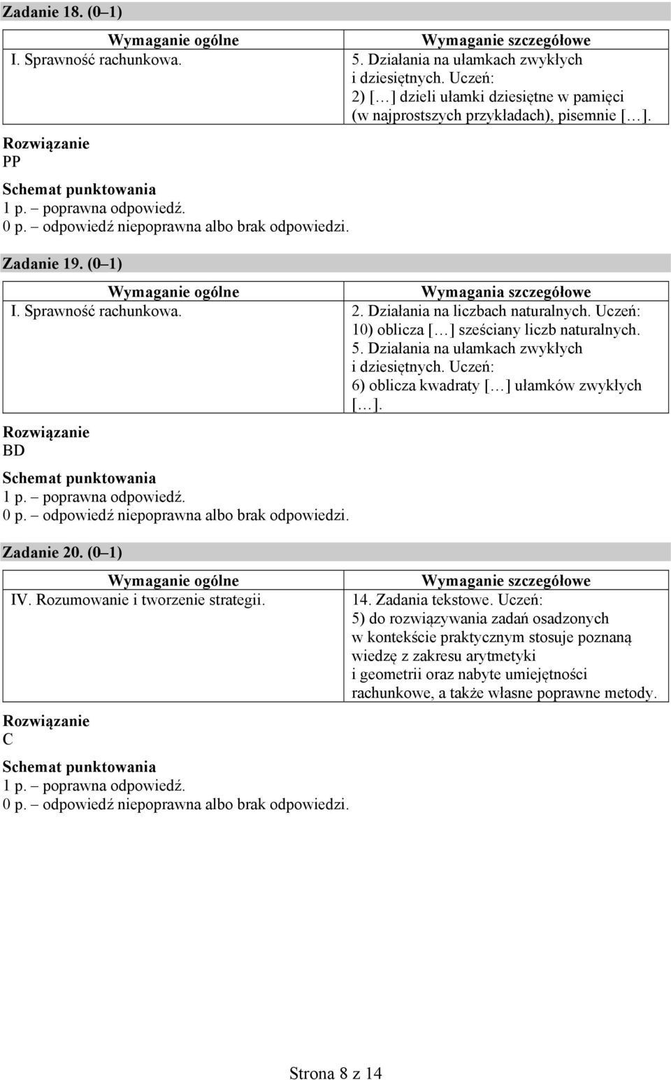 Uczeń: 10) oblicza [ ] sześciany liczb naturalnych. 5. Działania na ułamkach zwykłych i dziesiętnych. Uczeń: 6) oblicza kwadraty [ ] ułamków zwykłych [ ]. BD Zadanie 20. (0 1) IV.