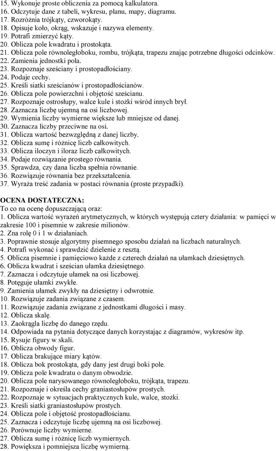 Oblicza pole równoległoboku, rombu, trójkąta, trapezu znając potrzebne długości odcinków. 22. Zamienia jednostki pola. 23. Rozpoznaje sześciany i prostopadłościany. 24. Podaje cechy. 25.