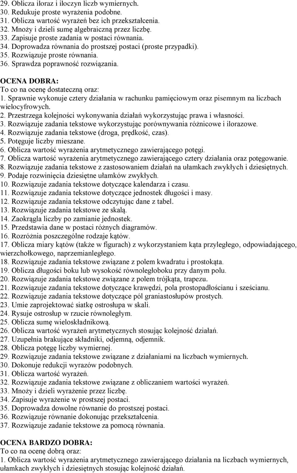 OCENA DOBRA: To co na ocenę dostateczną oraz: 1. Sprawnie wykonuje cztery działania w rachunku pamięciowym oraz pisemnym na liczbach wielocyfrowych. 2.