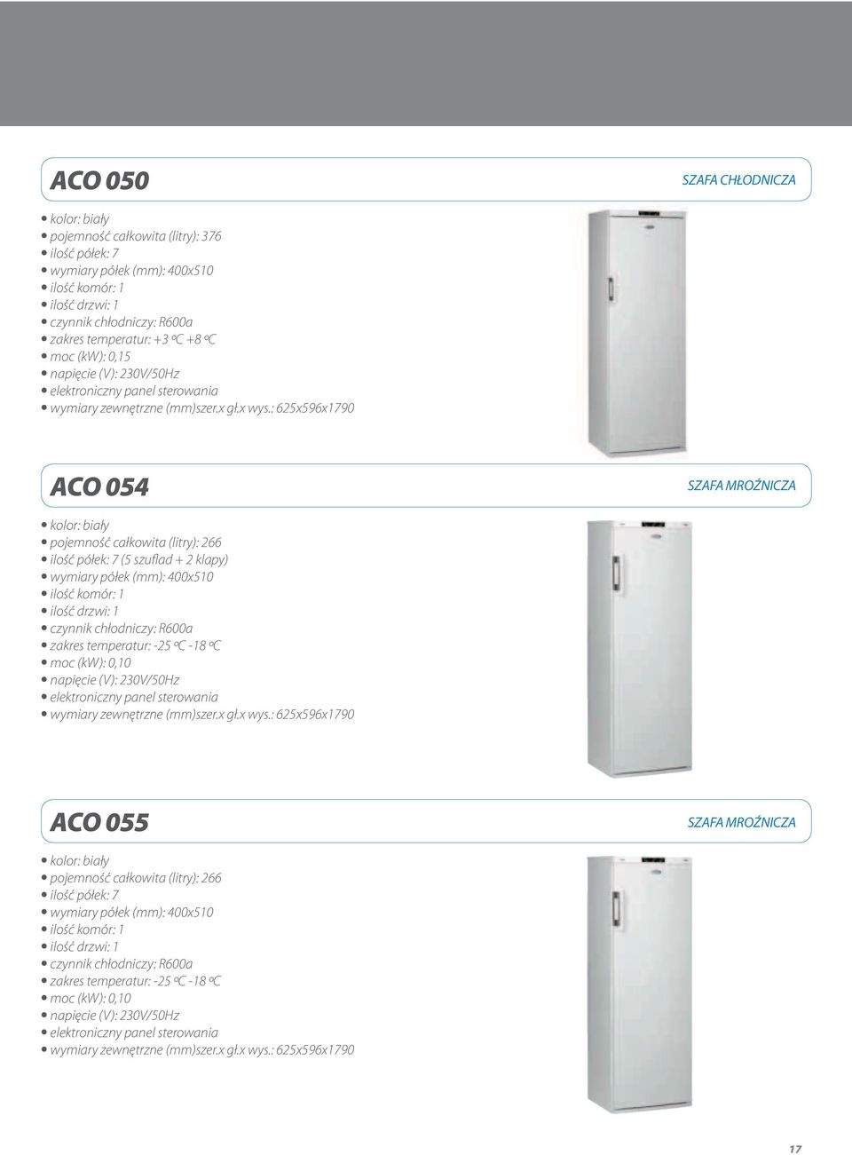 (5 szuflad + 2 klapy) zakres temperatur: -25 ºC -18 ºC moc (kw): 0,10 ACO 055 SZAFA MROŹNICZA