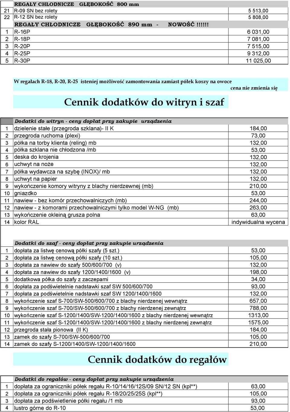 się Cennik dodatków do witryn i szaf Dodatki do witryn - ceny dopłat przy zakupie urządzenia 1 dzielenie stałe (przegroda szklana)- II K 184,00 2 przegroda ruchoma (plexi) 73,00 3 półka na torby