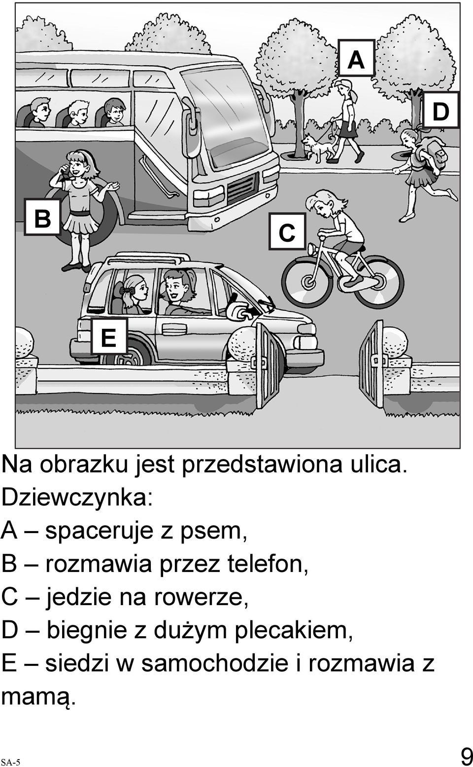 telefon, C jedzie na rowerze, D biegnie z dużym