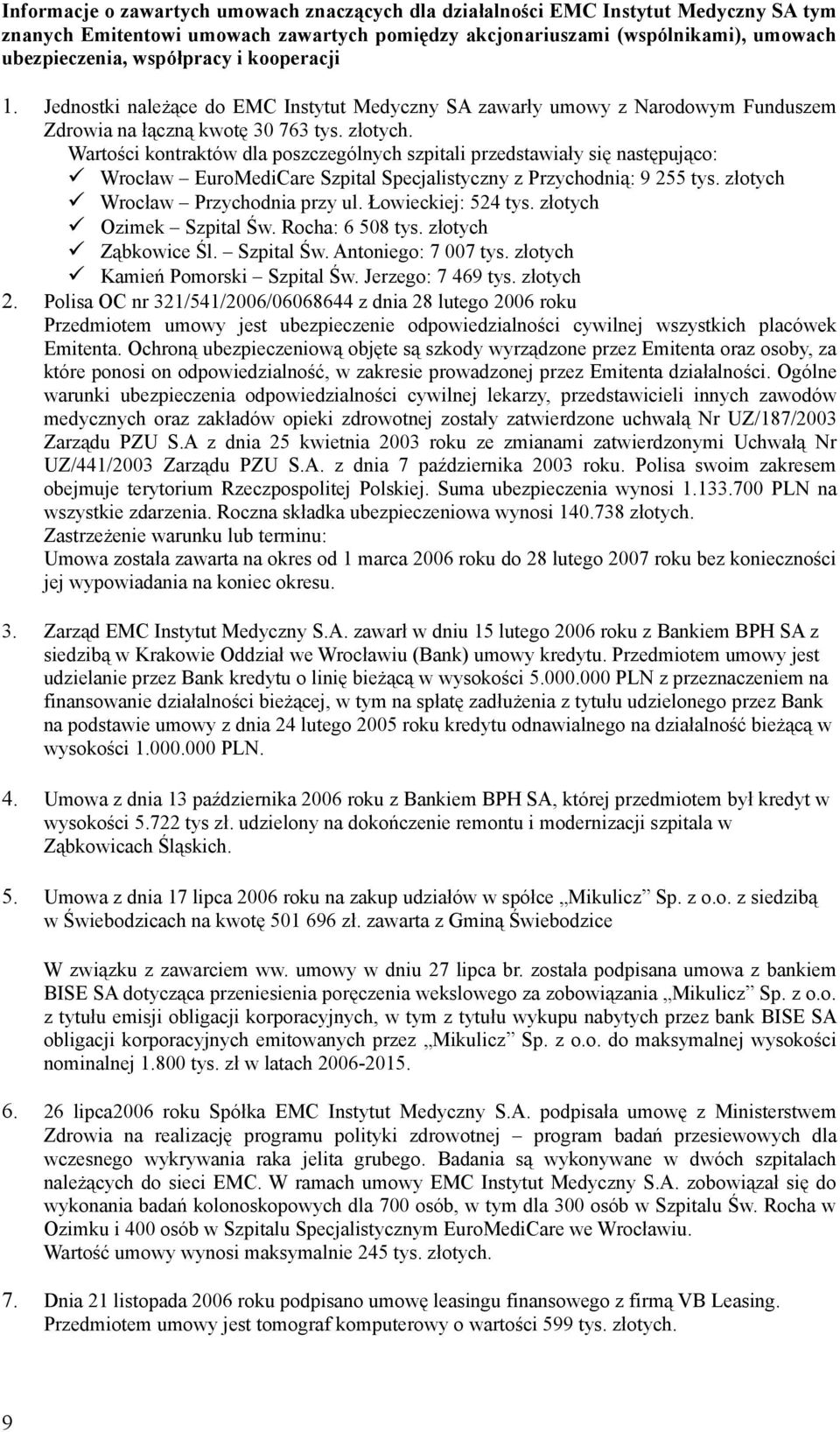 Wartości kontraktów dla poszczególnych szpitali przedstawiały się następująco: Wrocław EuroMediCare Szpital Specjalistyczny z Przychodnią: 9 255 tys. złotych Wrocław Przychodnia przy ul.