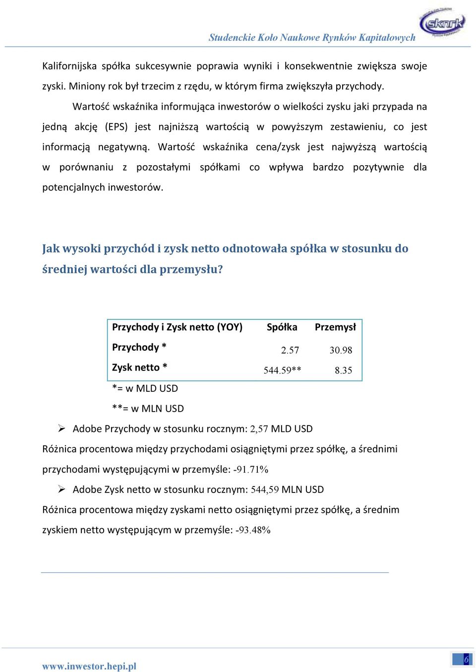 Wartość wskaźnika cena/zysk jest najwyższą wartością w porównaniu z pozostałymi spółkami co wpływa bardzo pozytywnie dla potencjalnych inwestorów.