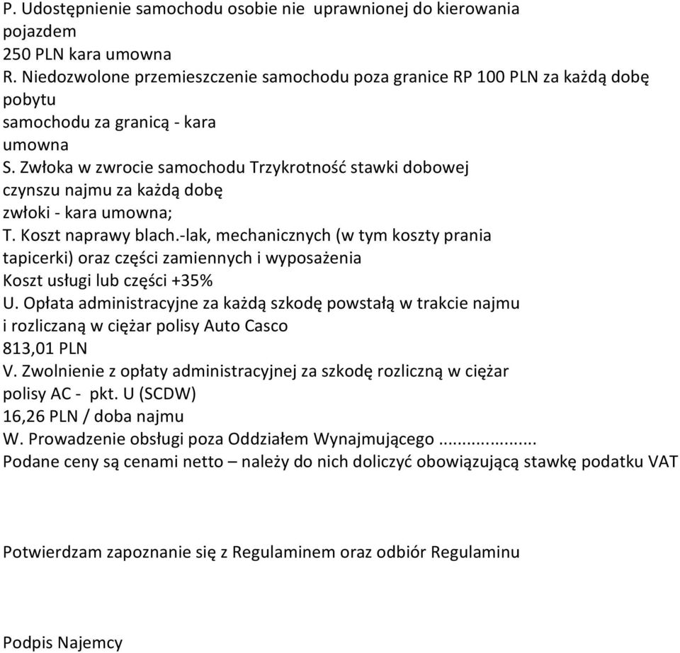 Zwłoka w zwrocie samochodu Trzykrotność stawki dobowej czynszu najmu za każdą dobę zwłoki - kara umowna; T. Koszt naprawy blach.