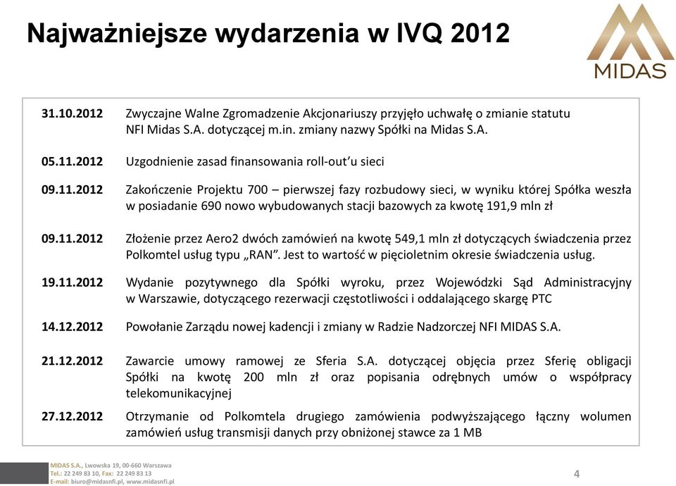 2012 Zakończenie Projektu 700 pierwszej fazy rozbudowy sieci, w wyniku której Spółka weszła w posiadanie 690 nowo wybudowanych stacji bazowych za kwotę 191,9 mln zł 09.11.