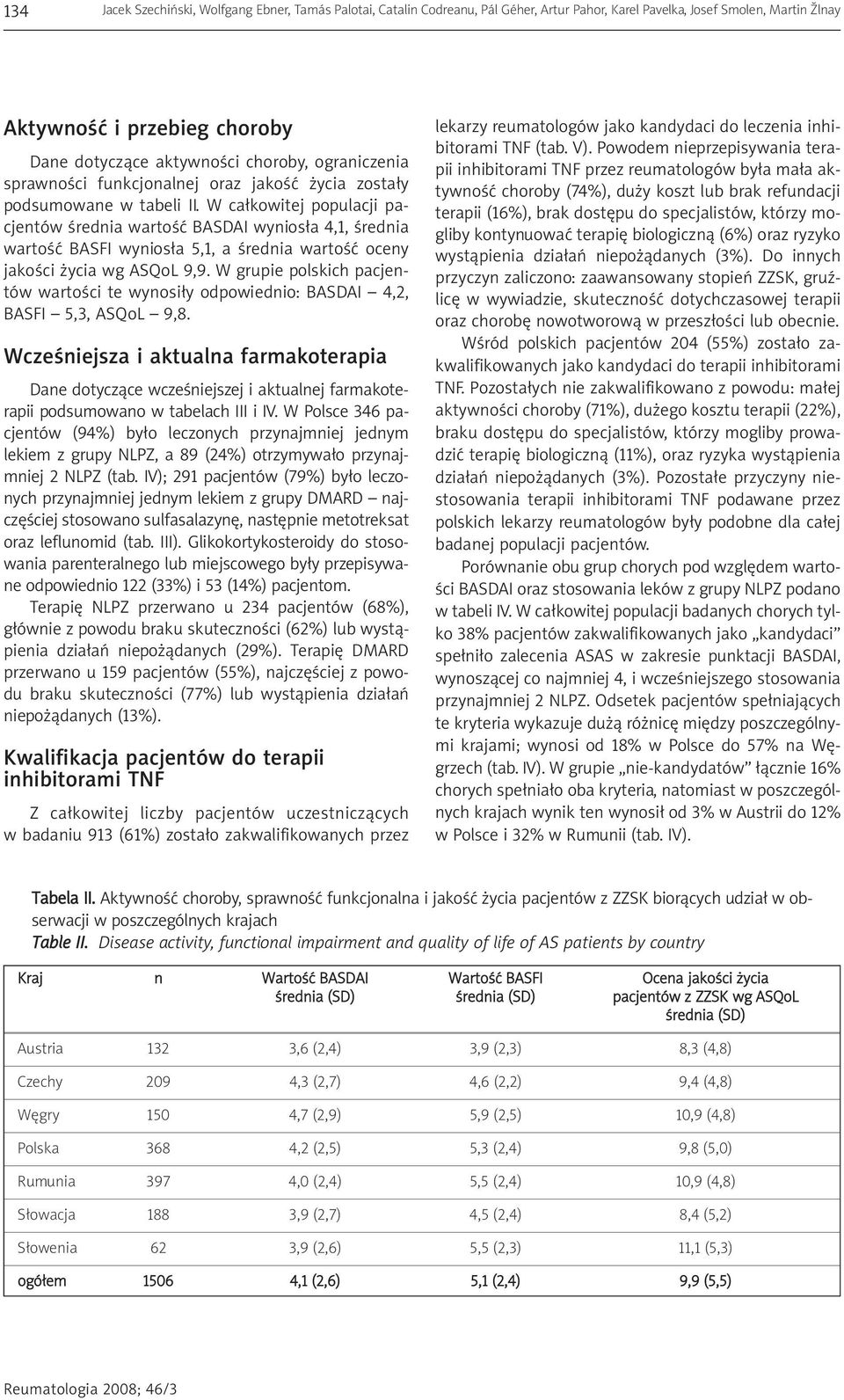 W całkowitej populacji pacjentów średnia wartość BASDAI wyniosła 4,1, średnia wartość BASFI wyniosła 5,1, a średnia wartość oceny jakości życia wg ASQoL 9,9.