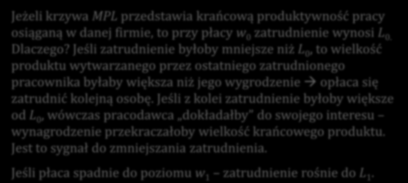 Krańcowy produkt pracy a płaca realna Płaca realna w/p w 0 Jeżeli krzywa MPL przedstawia krańcową produktywność pracy osiąganą w danej firmie, to przy płacy w 0 zatrudnienie wynosi L 0. Dlaczego?