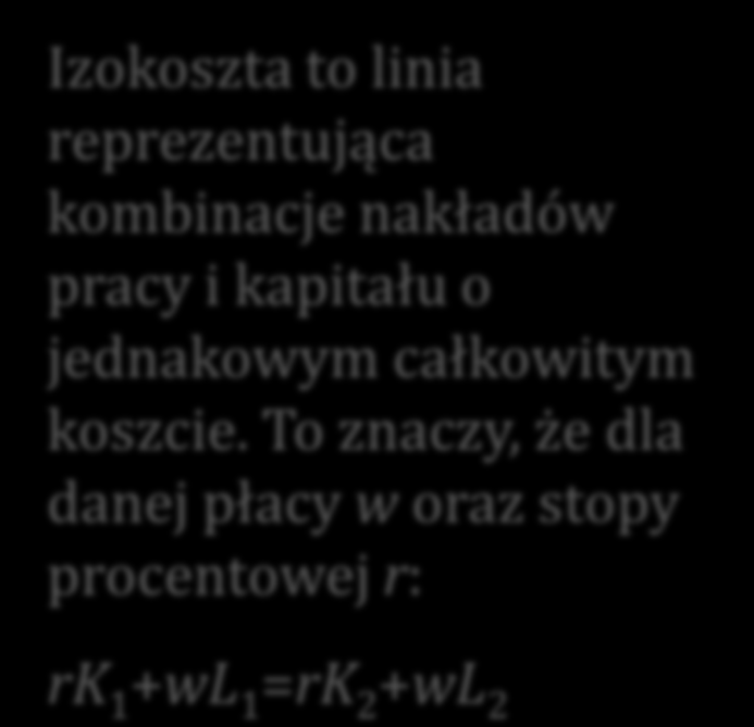 Kryterium wyboru nakładów: koszty K K 2 Izokoszta to linia reprezentująca kombinacje nakładów pracy i kapitału o