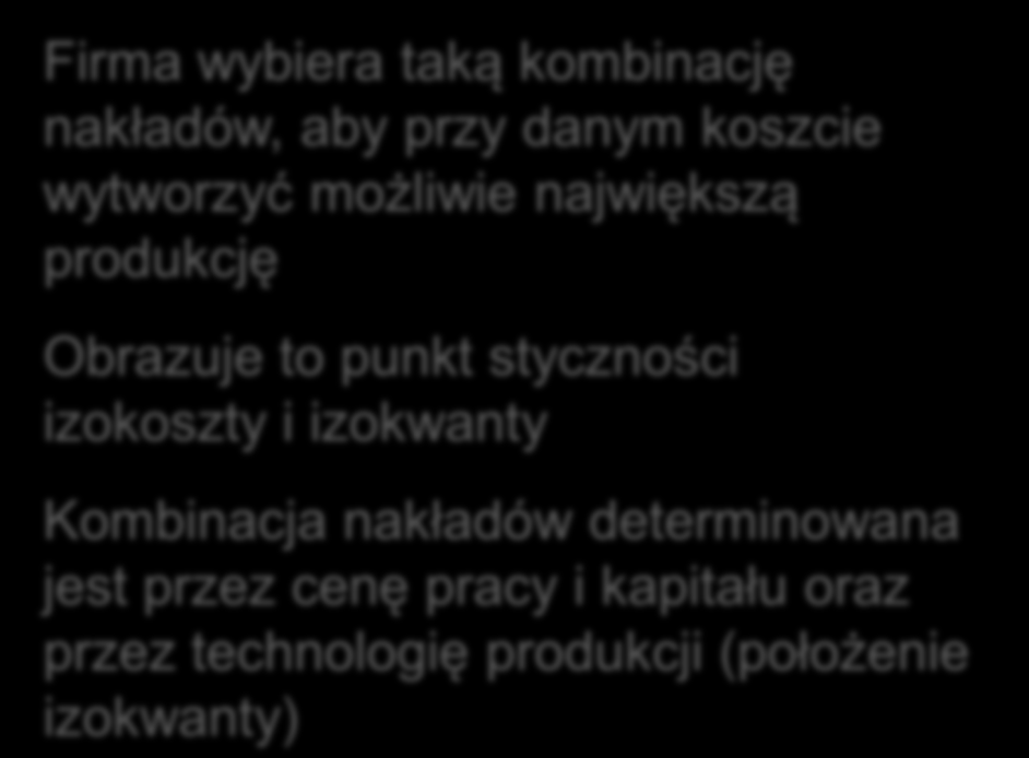 Wybór kombinacji nakładów przez przedsiębiorstwo K Firma wybiera taką kombinację nakładów, aby przy danym koszcie wytworzyć możliwie największą produkcję Obrazuje to punkt styczności izokoszty