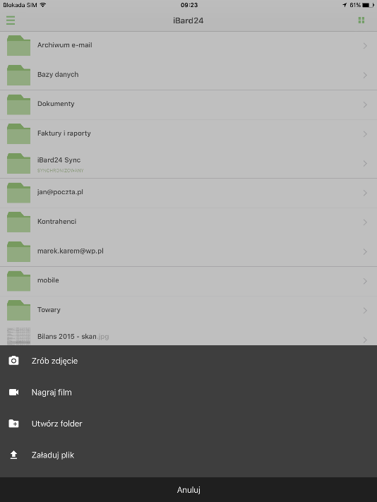 19.2.2 WYSYŁANIE PLIKÓW Aplikacja umożliwia wysyłanie danych bezpośrednio do wybranego katalogu w ibard24.