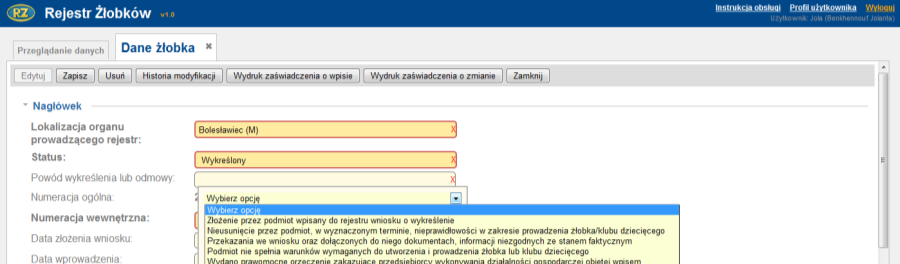 Rejestr żłobków i klubów dziecięcych Następnym krokiem w uzupełnianiu danych jaki musimy wykonać, jest wybranie odpowiedniej pozycji z pola Status. Uwaga!