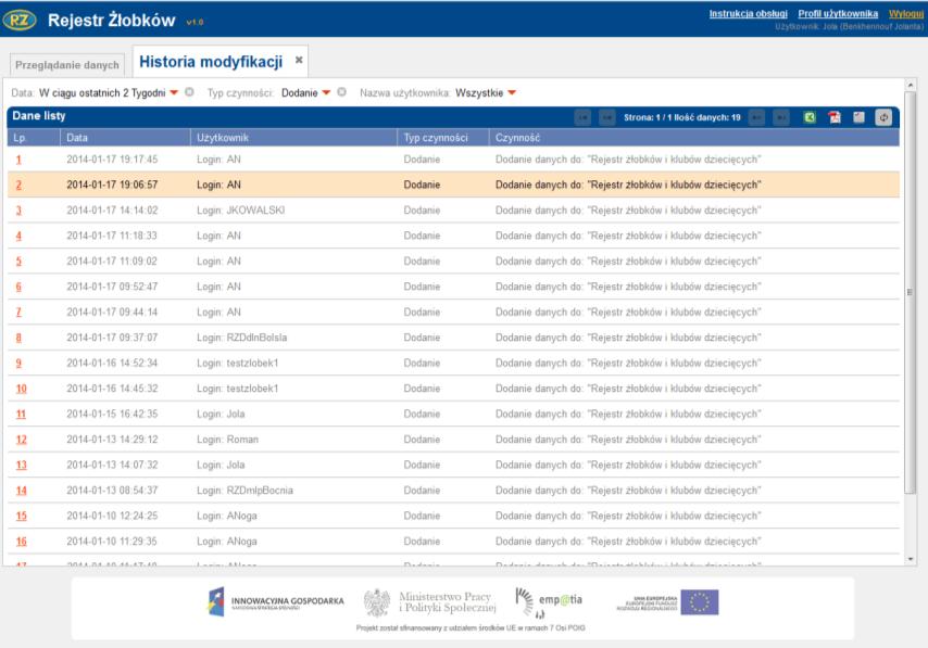 zmiany we wpisie. Funkcja Historia modyfikacji umożliwia przeglądanie wszystkich zmian wykonywanych w oknie rejestru.