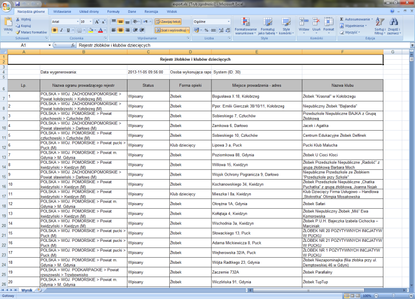 Eksport danych 4. Eksport danych Eksport do formatu Excel oraz PDF możliwy jest w oknie głównym rejestru oraz w oknie Historia modyfikacji.