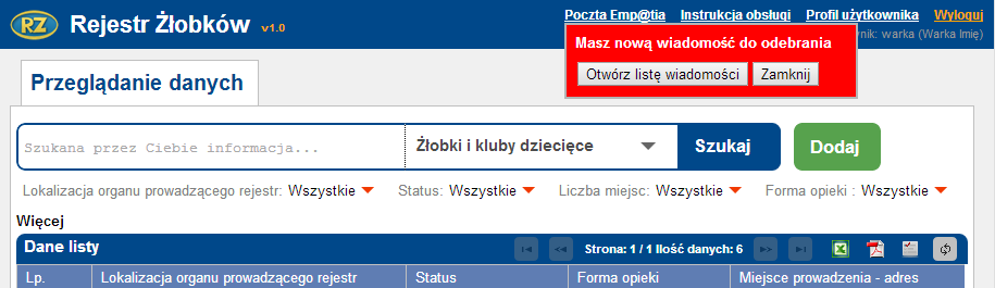 Rejestr dziennych opiekunów wniosków o zarejestrowanie placówki w Rejestrze żłobków (RKZ-1), wniosków o zmianę danych placówki w Rejestrze żłobków (RKZ-2), wniosków o wykreślenie placówki z Rejestru