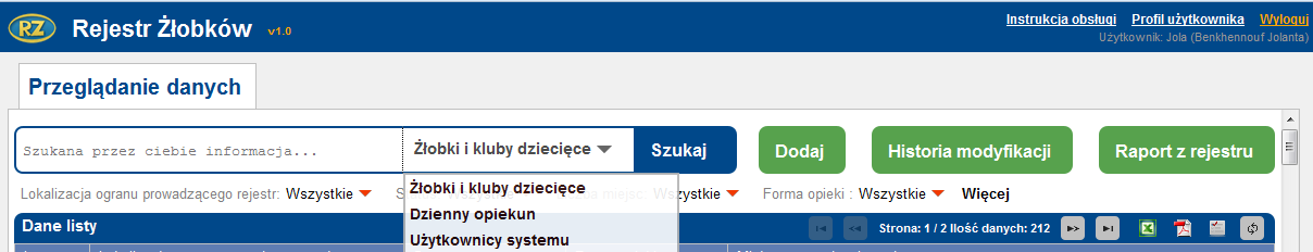 użytkownicy systemu), dostępu do instrukcji obsługi oraz profilu użytkownika, funkcji Szukaj, Dodaj, Historia modyfikacji,