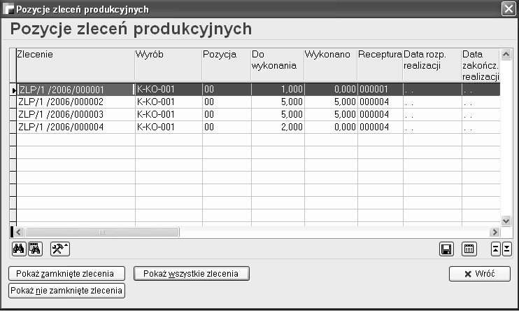 Korzystając z tej opcji można wykonać następujące operacje: Zapotrzebowanie na składniki Zlecenia produkcyjne Opcja Zapotrzebowanie na składniki została opisana w dalszej części podręcznika.